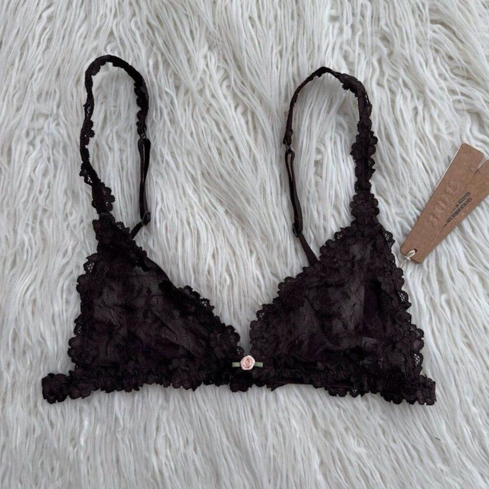 Skims Stretch Lace Triangle Bralette Espresso Size XL